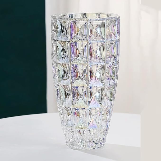 Unique Diamond-Shaped Colorful Glass Flower Vase 11.8" Tall for Home Decor, Dining Wedding Table Office Holiday Party Centerpiece Decoration.