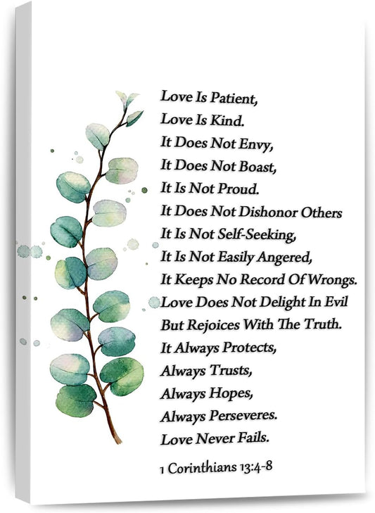 Love Is Patient Love Is Kind Wall Art 1 Corinthians 13 4-8 Canvas Print Positive Bible Verse Poster Scripture Painting Ready to Hang Home Office，Living Room，or Personal Space Framed 12 * 18 Inch