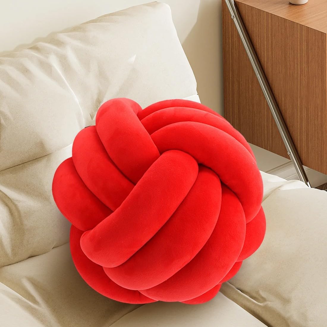 Knot Pillow Ball, Handmade Decorative Throw Pillow, Soft Round Knotted Cushion for Couch & Bedroom, Cute Home Decor, Braided Pillow for Living Room (10.6 Inches, Red)