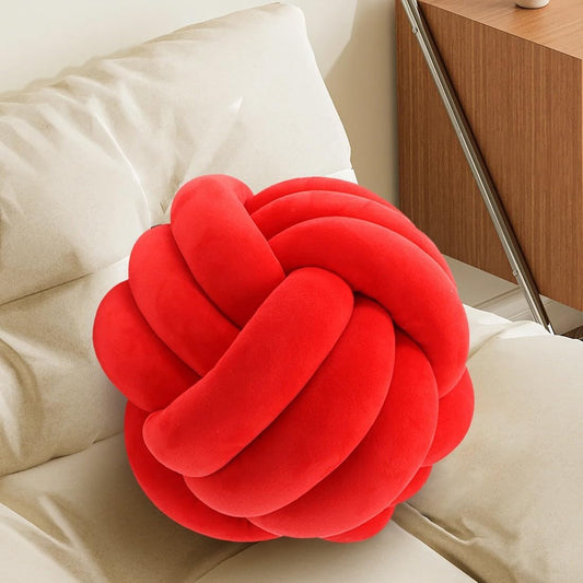 Knot Pillow Ball, Handmade Decorative Throw Pillow, Soft Round Knotted Cushion for Couch & Bedroom, Cute Home Decor, Braided Pillow for Living Room (13.8 Inches, Red)