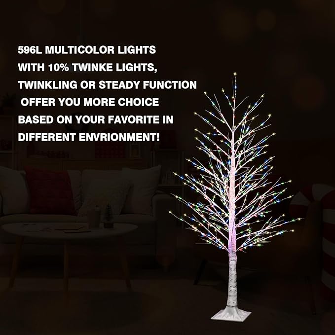5FT Lighted Birch Tree with Twinkle Lights, Twinkling or Steady Function for Selected, Christmas Tree Multicolor Lights, Birch Tree with LED Lights for Indoor Outdoor Christmas Decorations