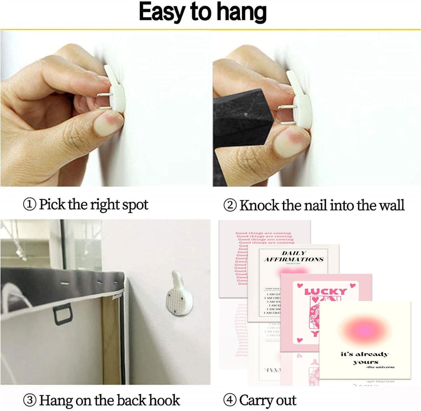 Hwetui Framed Preppy Pink Aura Wall Art Daily Affirmations posters Trendy Y2K Canvas Prints Cute Lucky You Painting Retro Aesthetic Room Decor Picture for College Dorm Bedroom 12x16Inch Set of 4