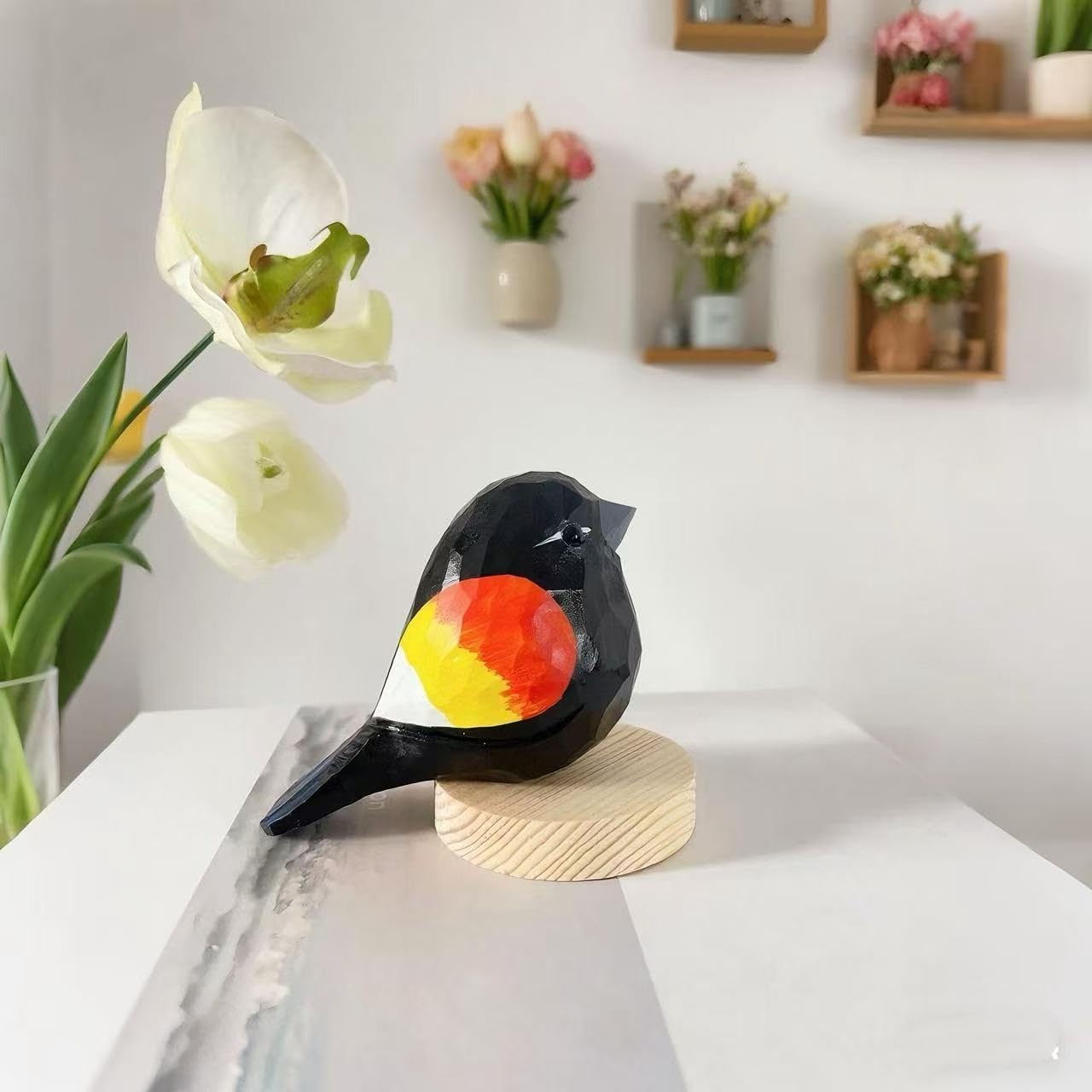 Hand Carved Red-Winged Blackbird Figurines, Hand-Painted Sculpted Wooden Birds with Base, Wood Bird Statues for Home Decor, Ideal Gifts for Bird Lovers