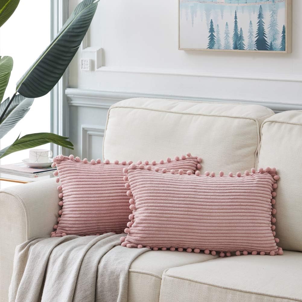 Fancy Homi Pack of 2 Boho Rectangle Decorative Throw Pillow Covers with Pom-poms, Soft Corduroy Accent Solid Cushion Case Set for Couch Sofa Bedroom Car Living Room (12x20 Inch/30x50 cm, Blush Pink)