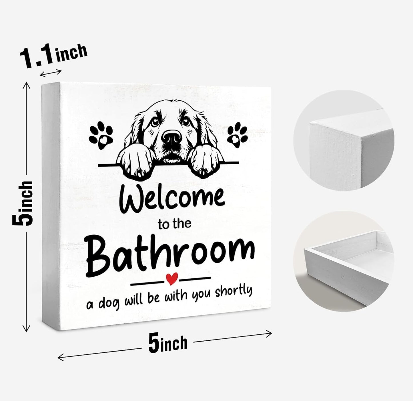 Cute Bathroom Dog Decor and Accessories Wall Desk Wood Box sign, Golden Retriever Bath Decorations for Bathroom Toilet, Welcome Signs, Gifts for Dog Lovers, 5x5 inch