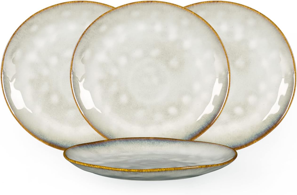 Henten Home Ceramic Dessert Plates, 8.5 Inch Salad Plate Set of 4, Porcelain Snack Serving Dishes for Cake, Kitchen, Microwave & Dishwasher Safe, Reactive Glaze (White)