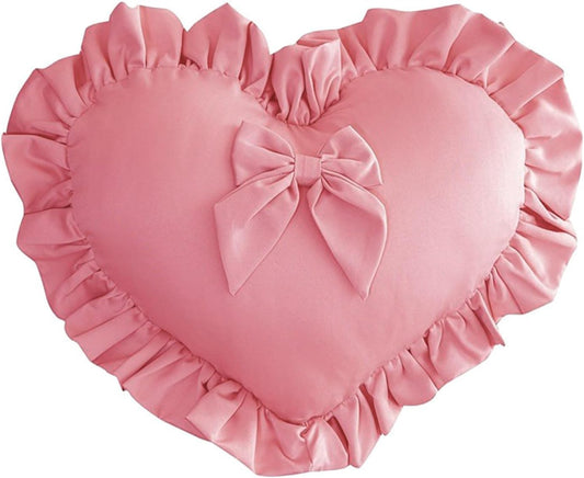 Heart Pillows, Cute Soft Room Decor Ruffled with Bow Love Heart Shape Throw Pillows Sofa Cushion Pillow for Living Room Bed Chair Car Decoration, Pink