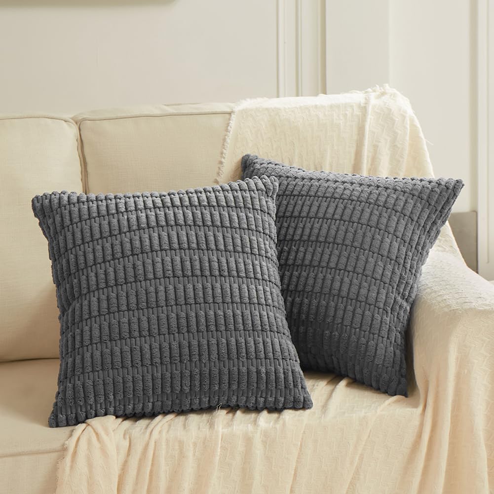 Fancy Homi Dark Grey Decorative Throw Pillow Covers 18x18 Inch for Living Room Couch Bed Sofa, Rustic Farmhouse Boho Home Decor, Soft Striped Corduroy Square Cushion Case 45x45 cm