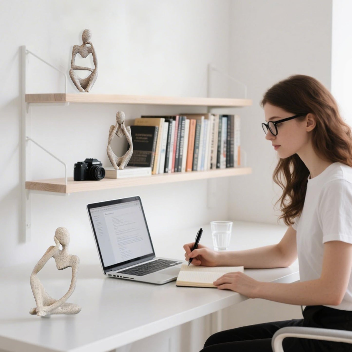 Mingzhang 3pcs Thinker Statue Abstract Art Thinker Figurines Beige Home Decor for Living Room, Office, Coffee Table, Bookshelf Decoration, Housewarming Gifts