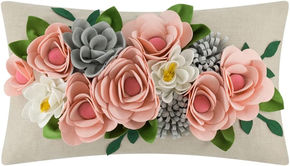 Decorative 3D Flower Throw Pillow Covers Accent Floral Pink Pillowcases for Couch Bed Home Living Room Farmhouse Decor 12x20 Inch