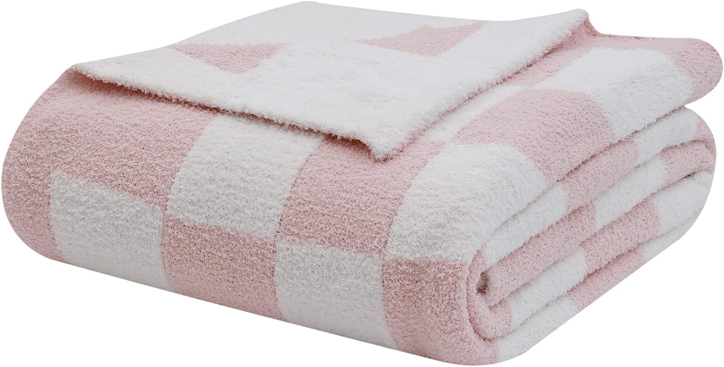 bearberry Fuzzy Checkerboard Grid Throw Blanket Soft Cozy Warm Microfiber Blanket Decor for Couch Sofa Bed Travel Home (Pink, 50''x60'')