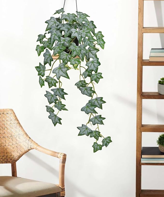Realistic Fake Pothos Ivy Plant with Pot Artificial Leaves Featuring a White Frosted Finish for Home Shelf Decor Indoor Silk Artificial Plant Large