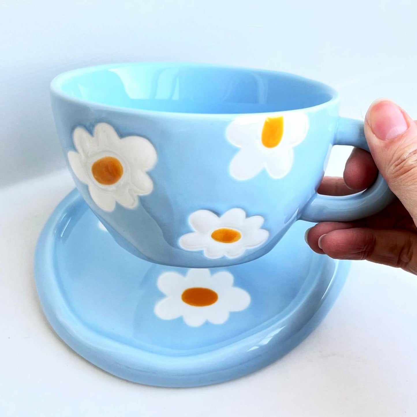 Coffee Mugs Set with Saucer Blue Flowers Cup Gifts for Women Birthday Tea Coffee Mug with Coaster 250 ML Ceramic Cup Birthday Gift for Women Girls Mom Friend Coffee Mug Tea Cup Saucer Set