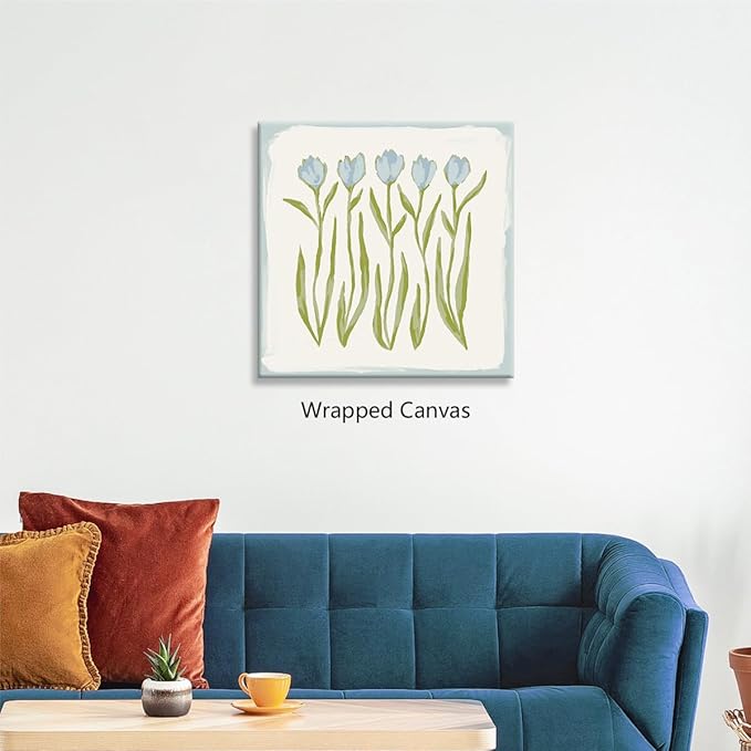 Tulip Flower Canvas Wall Art, Blue and Green Floral Aesthetic Poster, Watercolor Chinoiserie Art Print, Modern Southern Grandmillennial Botanical Picture Painting for Wall 24x24in Framed