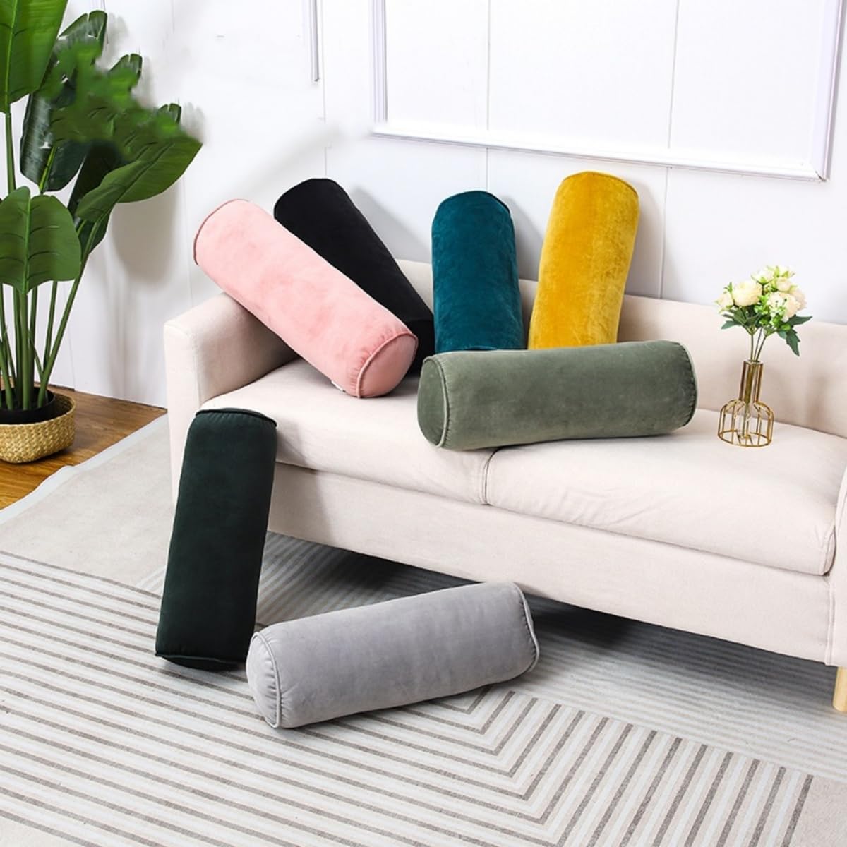 Cylinder Bolster Throw Pillow Roll Neck Pillow Velvet Round Bolster Decorative Throw Pillow for Couch & Bed Cervical Neck Pillow for Neck Home Office Car Decor (Dark Green)