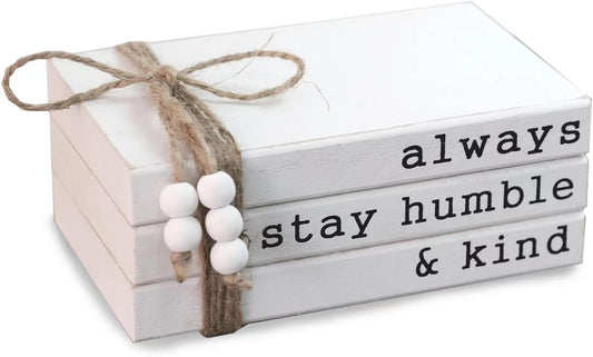 Lavender Inspired Farmhouse Book Decor-Always Stay Humble and Kind Sign-Book Shelf Decor-3 Pieces Faux Wooden Book Stack for Coffee Table Decor-Living Room Decor-Fireplace mantle table decor