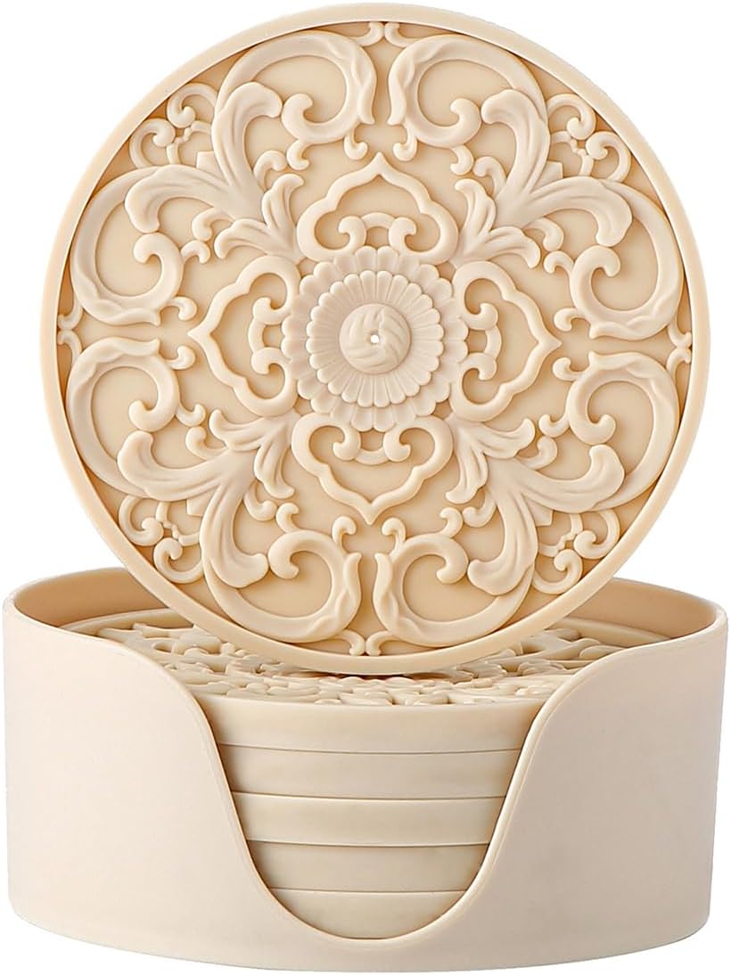 Colinda Silicone Coasters - Set of 6 with Holder, Non-Slip Cup Mats for Hot and Cold Drinks, Decorative Designs, Gift Ready Packaging,Beige