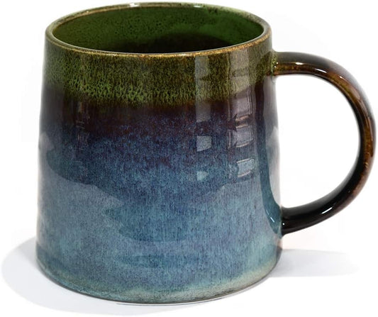 Large Ceramic Coffee Mug, Pottery Mug,Tea Cup for Office and Home,Handmade Pottery Coffee Mugs,16.5 Oz,Dishwasher and Microwave Safe,kiln altered glaze craft (Green)