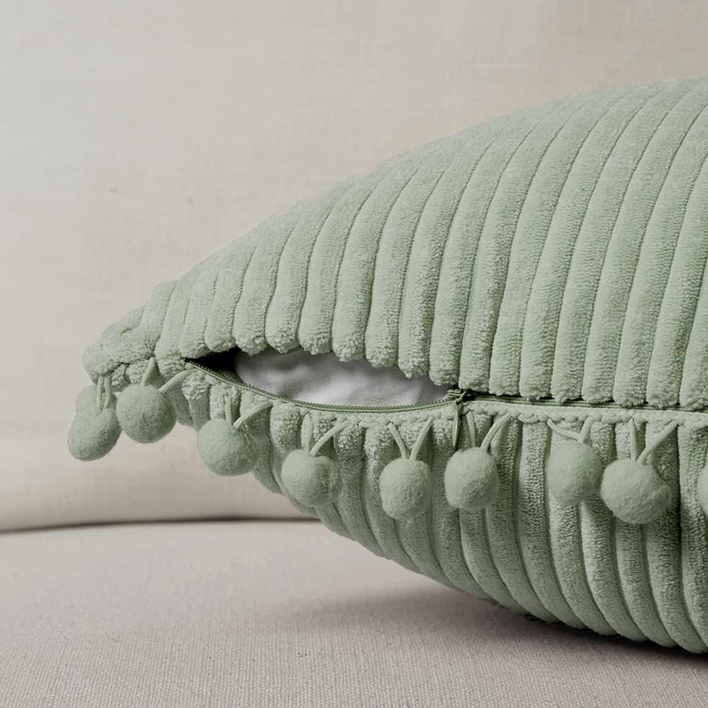 Fancy Homi Pack of 2 Sage Green Euro Decorative Throw Pillow Covers 26x26 Inch with Pom-poms, Soft Corduroy Solid Square Cushion Case for Couch Sofa Bedroom Car Living Room 66x66 cm