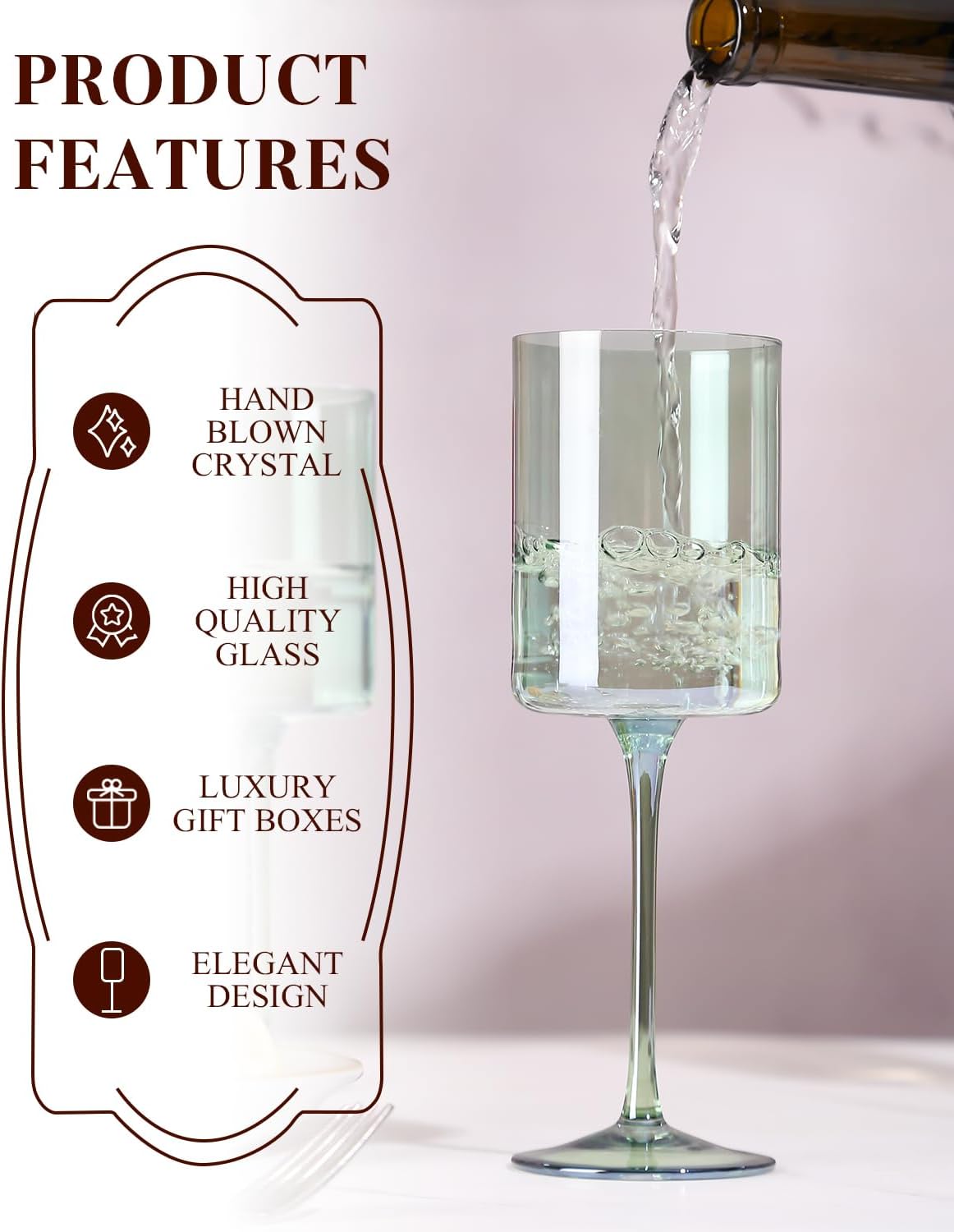 Green Square Wine Glasses Set of 6 - Hand Blown, Colorful With Tall Long Stems, Modern Set for All Occasions - 14oz