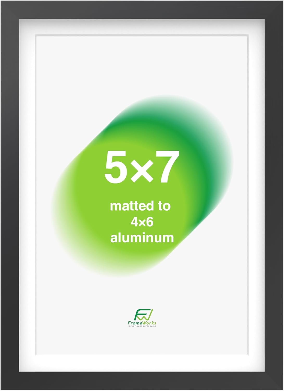 FrameWorks 5x7 Matted to 4x6 Picture Frame – Aluminum Frame w/Tempered Glass, Removable Mat for Photos, Posters, Art, Stylish Wall Frame for Home Decor, Gallery Walls, Office, Living Room - Black