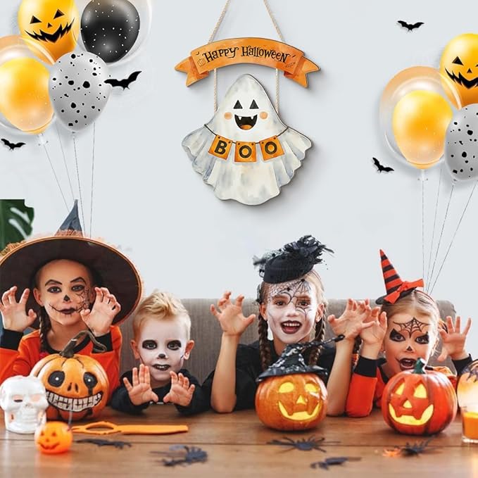 Welcome Halloween Sign,Cute Ghost Door Hanger,Happy Halloween Wall Decoration,Hey Boo Pumpkin Ghost Plaque for Front Door Indoor Outdoor Home Party Porch Yard Office Nursery Kids Room