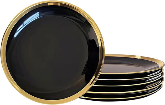 Dinner Plates, Set of 6, 10 inch, Black Porcelain with Gold Trim, Black Plates, Gold Ceramic Plates, Ideal for Desserts and Appetizers.