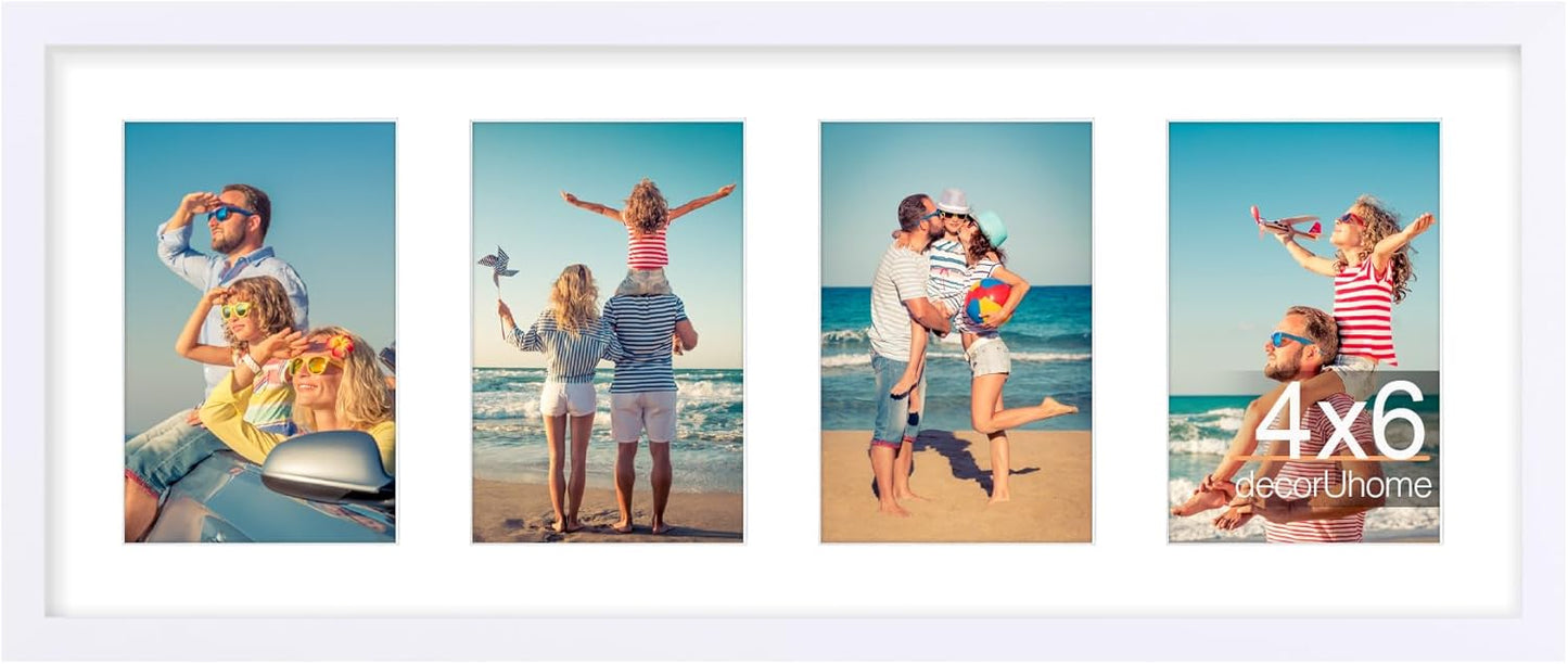 decorUhome 8x20 Picture Frames Collage Wall Decor, Display 4Pcs 4x6 Photos with Mat or 1Pcs 8x20 Unmatted, 4 4x6 Collage Picture Frames for Wall Mounting, White