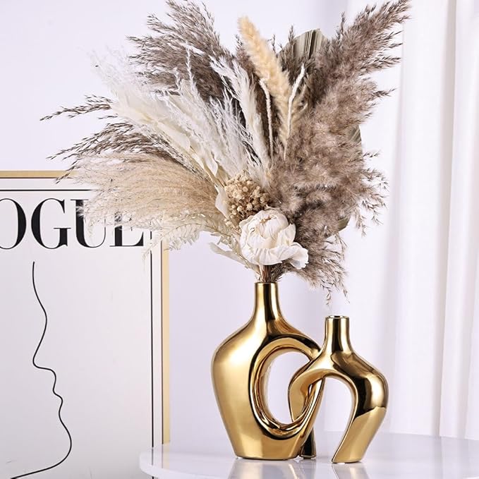 Gold Hollow Ceramic Vases Set of 2 - Modern Nordic Boho ins Style Decor Vases, Pampas Grass Flower Vases for Wedding, Living Room, Office, Entrance, Dining Table Decor Centerpieces
