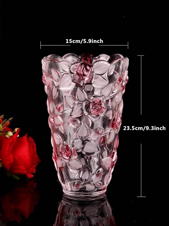 Glass Flowers Vase 9.3 inch Tall, Unique Crystal Vases for Tables Centerpieces, Vintage Rose Large Vases Christmas Thanksgiving Gifts