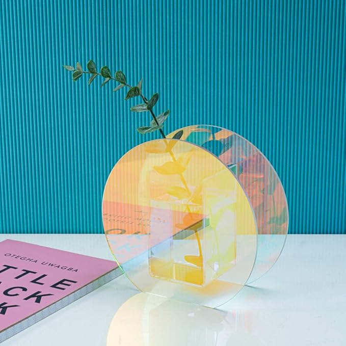 Iridescent Acrylic Vase for Artificial Flower Fake Eucalyptus Plant Leaves Office Home Decor Contemporary Tabletop Minimalist Geometric Mini Decoration Make Up Brushes Organizer Holder（RainbowRound）