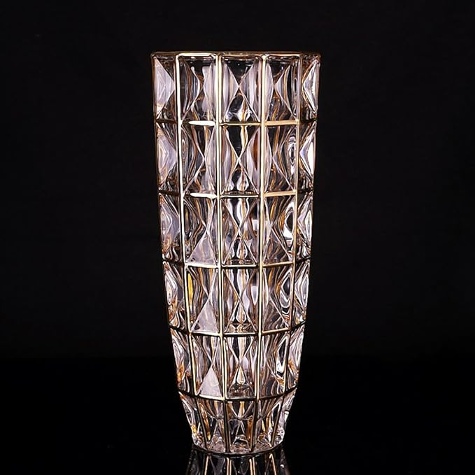 Hand Painted Gold Unique Diamond-Shaped Glass Flower Vase 11.8" Tall for Home Decor, Dining Wedding Table Office Holiday Party Centerpiece Decoration.