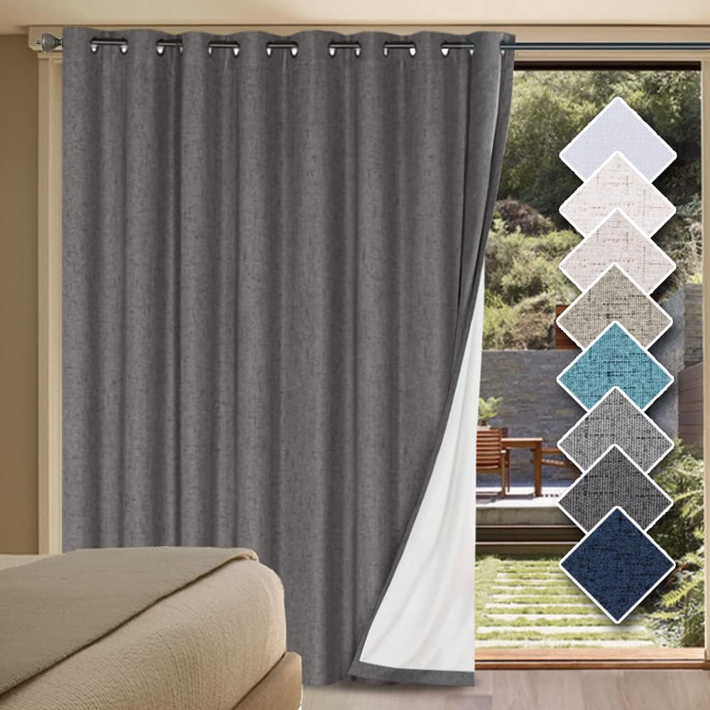 H.VERSAILTEX Linen Blackout Curtains Durable Thick Textured Linen Look 100% Blackout Patio Door Curtain Anti Rust Grommet Extra Wide Sliding Door Curtain Panel, W100 x L84 inch - Grey