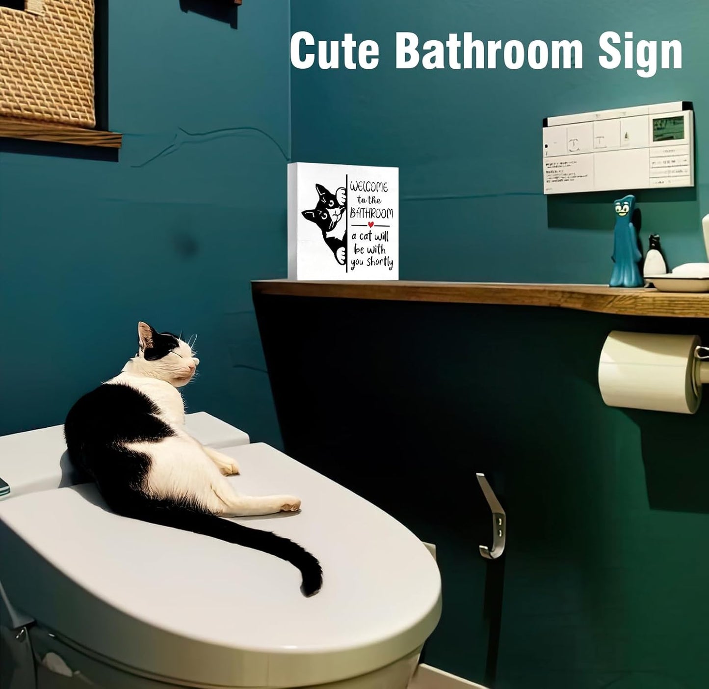 Funny Black Cat Bathroom Decorations Art Wall Decor Desk Wood Box Sign, Gifts for Women Cats Lovers, Bath Decoration for Toilet, Welcome To The Bathroom A Cat Will Be With, 5x5 inch