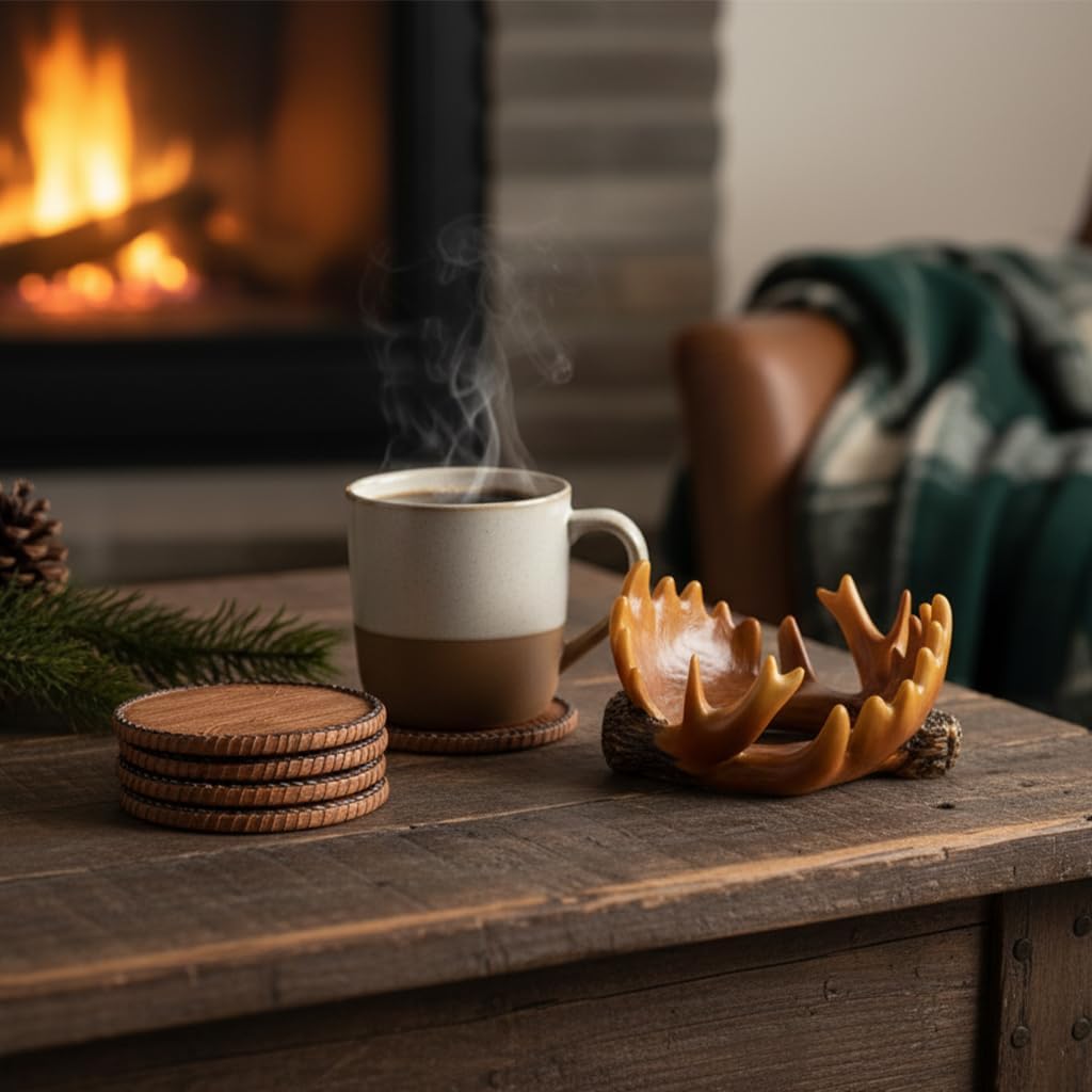 Deer Antler Coasters - 6 Full-Size Rustic Wooden Coasters | Non-Slip for Log Cabin, Hunting, Man Cave, Bar & Farmhouse Decor | Protect Furniture