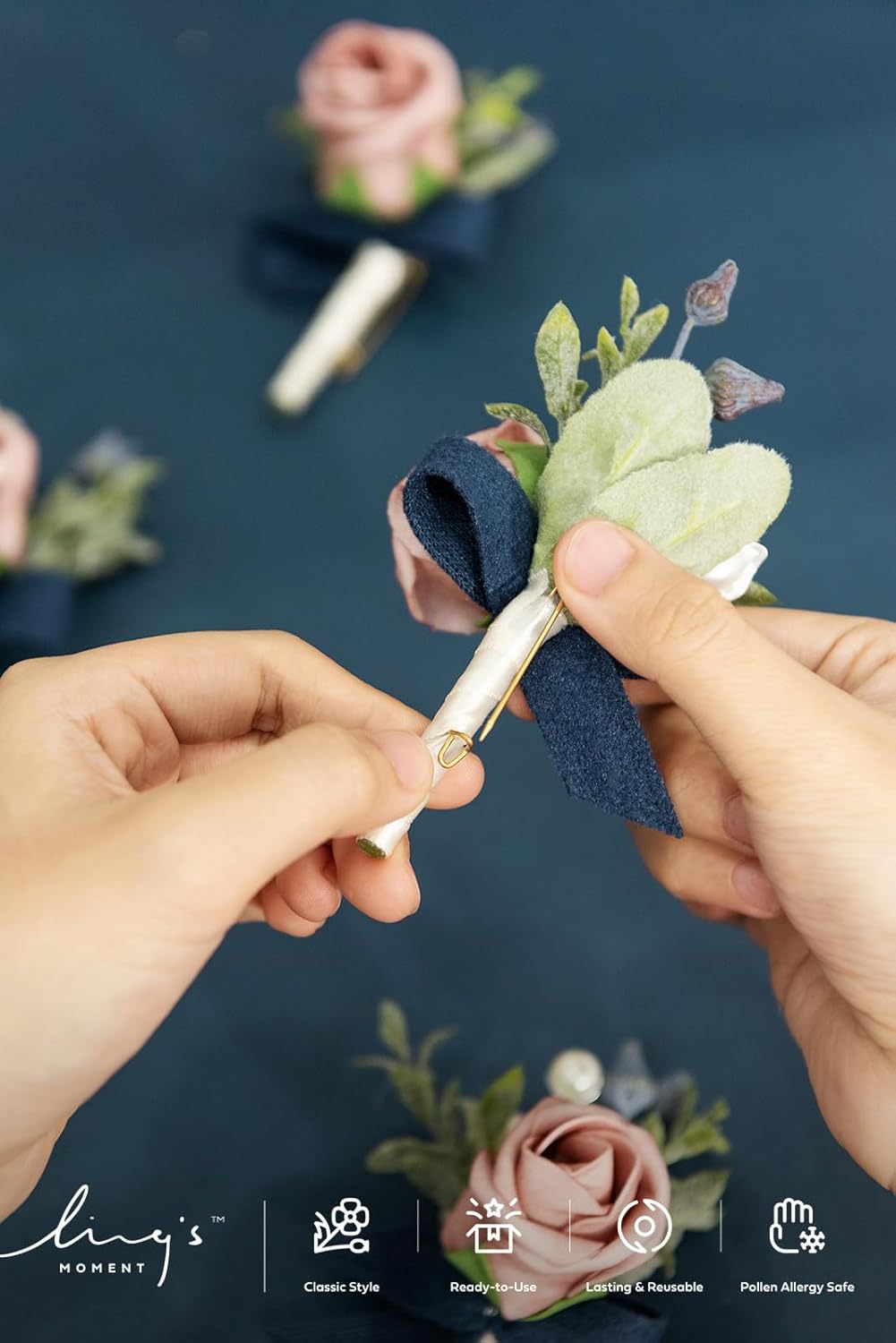 Ling's Moment Boutonniere for Men, 10pcs Groomsmen Guest Boutonniere, Artificial Flowers for Wedding Décor/Prom/Homecoming,etc.Dusty Rose Navy Blue