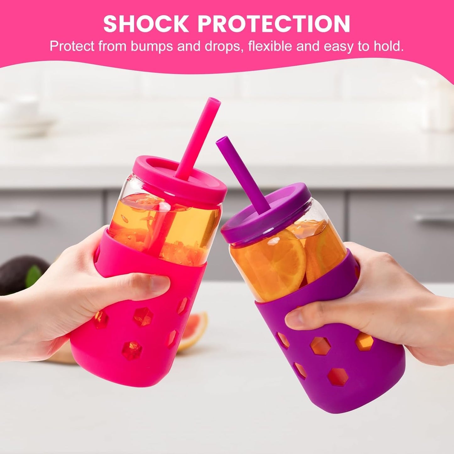 Glass Cups with Silicone Lids and Straws (4 Pcs), 16oz Drinking Glasses Set with Silicone Sleeves for Coffee Bar Accessories Iced Coffee Cups with Lids, Glass Tumbler Reusable for Gifts