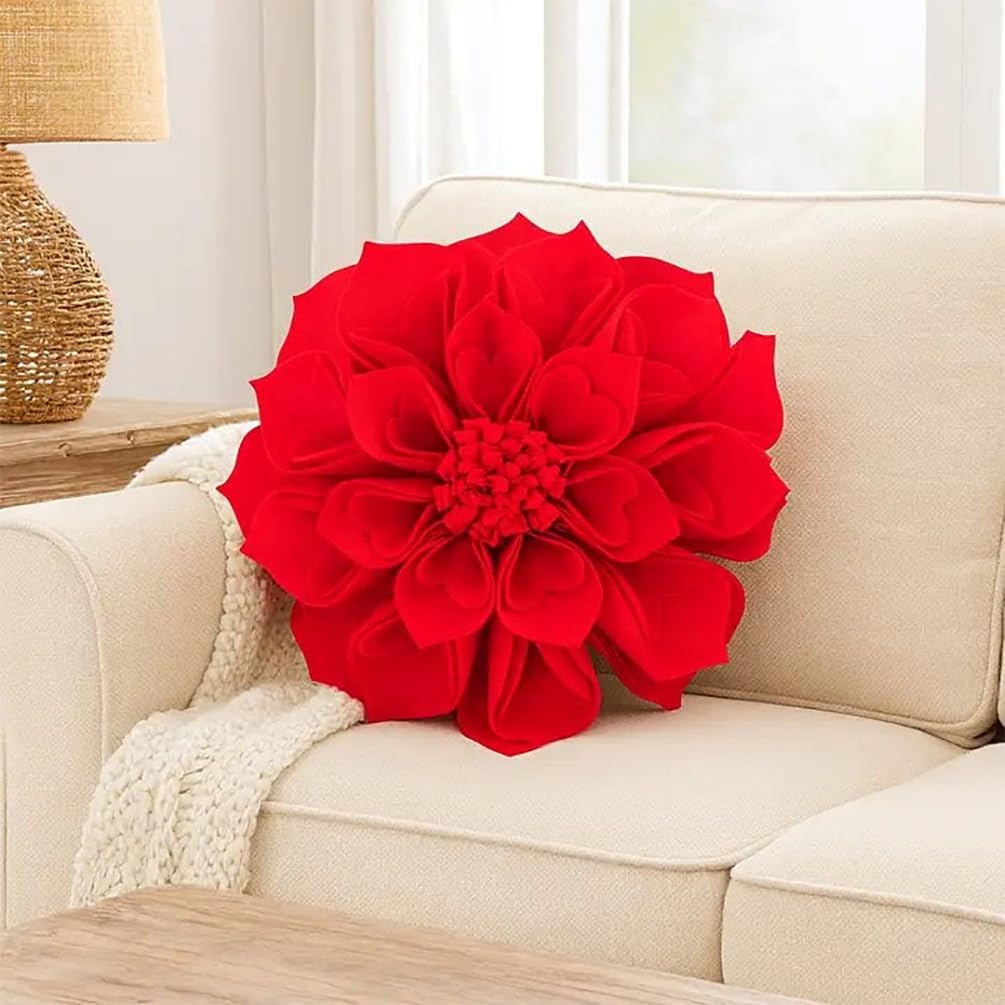 Fennco Styles Handmade 3D Heart-Shaped Petals Flower Decorative Throw Pillow Cover Only - 13" Round Red Floral Pillow Case for Couch, Home Décor and Holiday, Housewarming Gift