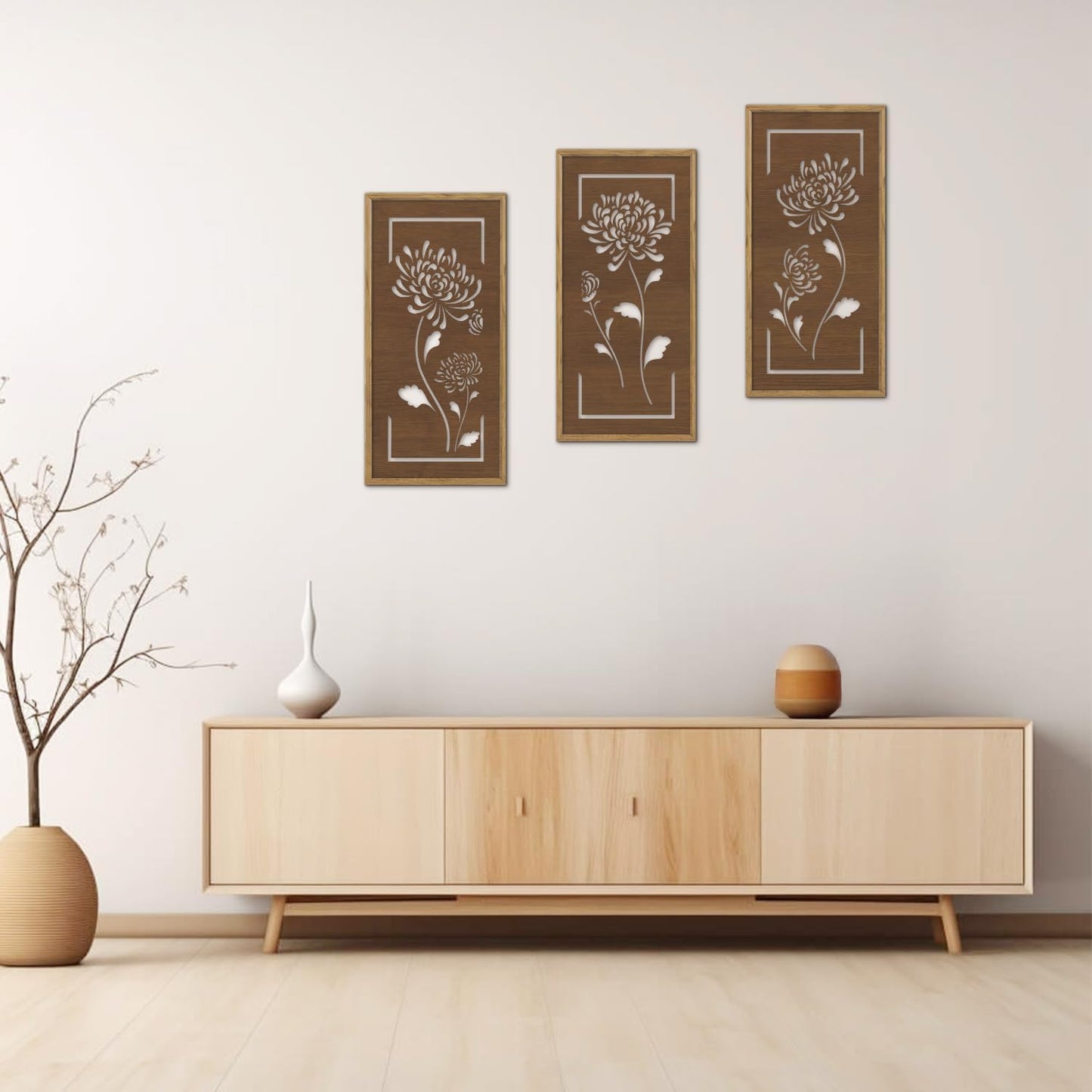 KAIRNE Floral Wooden Wall Art,Hollowed-Out Flower Farmhouse Decor Set of 3(16X8),Brown Vintage Wood Hanging Decor,Ready to Hang Framed Wall Decor,Retro Design for Living Room Bedroom Office Decor