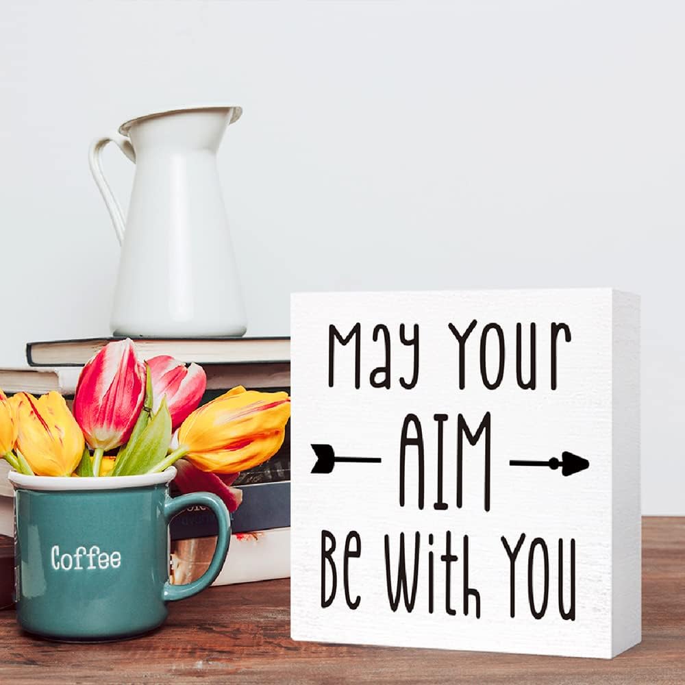 Funny Bathroom Wood Sign May Your Aim be with You Wood Block Sign for Bathroom Shelf Toilet Restroom Home Tabletop Desk Decor,Farmhouse Bathroom Wooden Box Sign