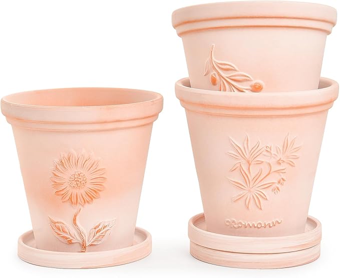 Sungmor Set of 3 Terra Cotta Pots with Saucer & Drainage Hole, 8 Inch Large & Deep Clay Pots, Unique Embossed & Pretty Color Pottery Planters for Plants Orchid Cactus Succulent