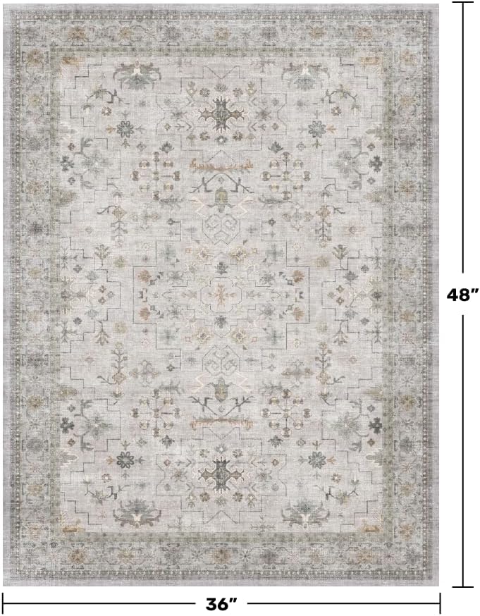 Light Grey 3x4 Large Boho Bathroom Rug - Modern Vintage Eclectic Floral Pastel Neutral Taupe, Washable Low Pile Non-Slip Area Rugs for Entryway, Kitchen, Bedroom Beside Bed, Powder Room