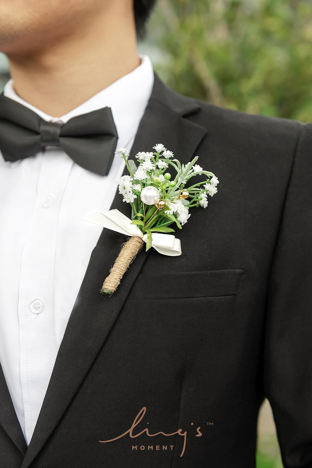 Ling's Moment Boutonniere for Men, 10pcs Groomsmen Guest Boutonniere, Artificial Flowers for Wedding Décor/Prom/Homecoming,etc.Baby Breath White Pearl