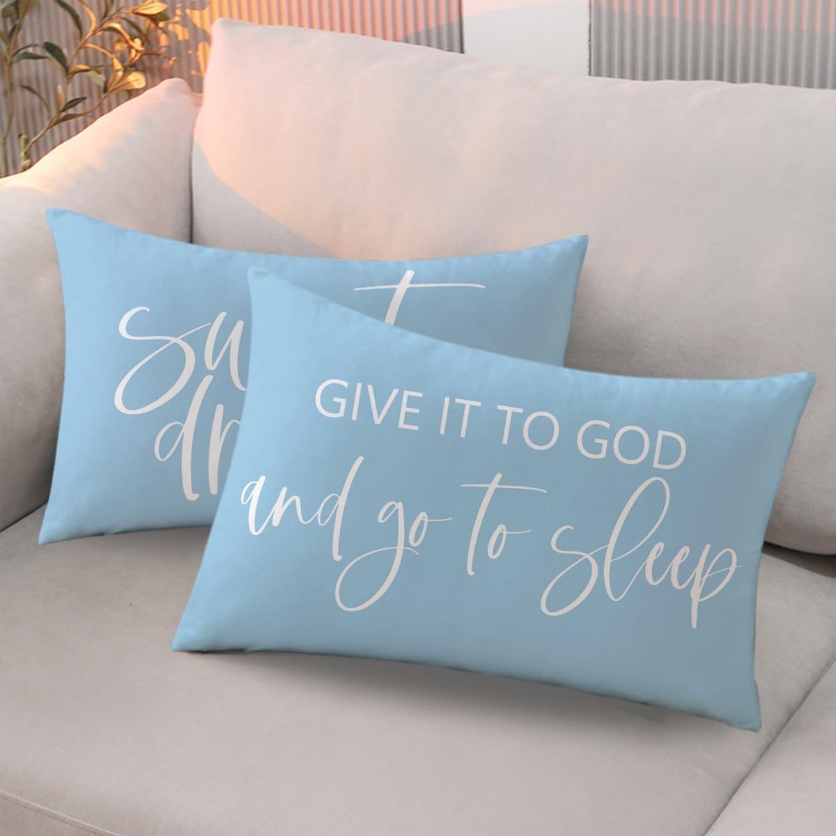 Bedding Decorative Pillowcases Reversible Give It to God and Go to Sleep Cushion Covers Sleep Themed Throw Pillow Covers 12''x20'' for Bedroom Guest Room Housewarming Gifts (Light Blue)