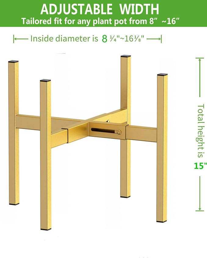 Metal Plant Stand, Adjustable Size Fits 10 12 13 14 15 16 Inches Large Planter Pot,Mid Century Expandable Plant Holder Indoor Outdoor Corner (HeavyGold, Fits all pots between 8" and 16")