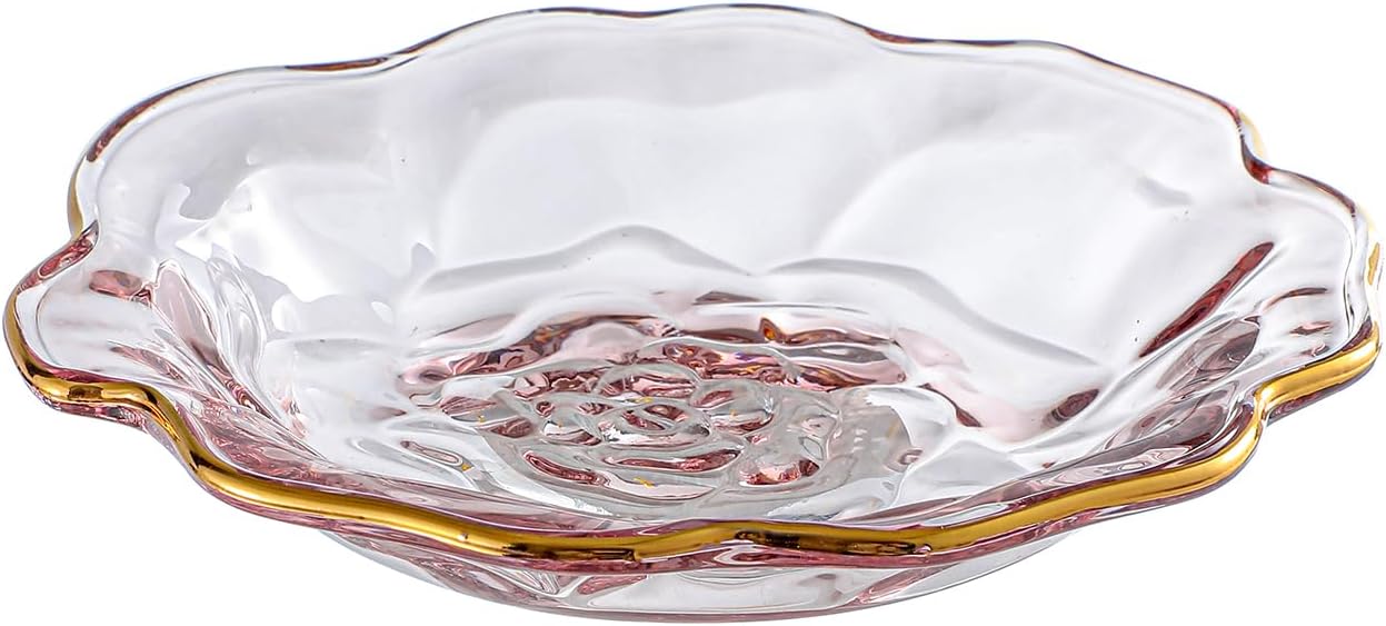 Gold Rim Glass Rose Flower Snack Plate for Vintage Tea Party Supplies, 6.3 Inch Dried Fruit Plate for Afternoon Tea, Weddings, Dessert Plate for kitchen (Light Pink)