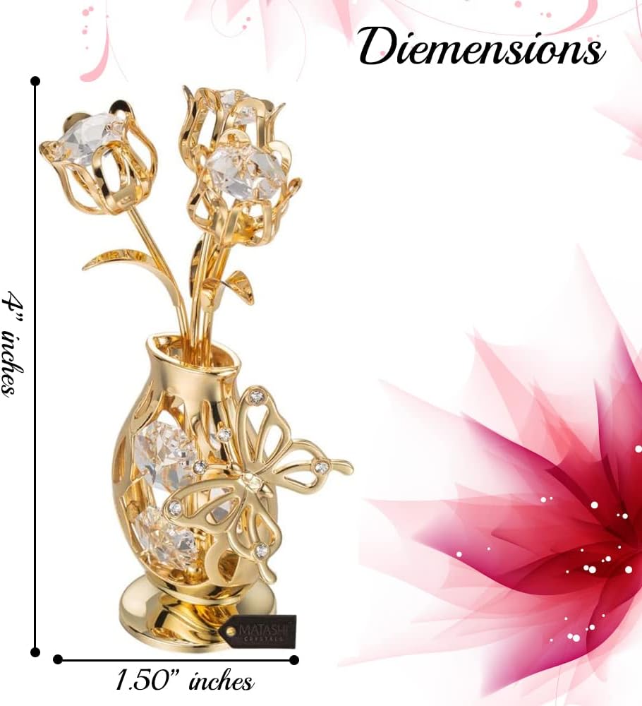 Matashi 24K Gold Plated Crystal Studded Flower Ornament in a Vase with Decorative Butterfly – Elegant Tabletop Showpiece Unique GIF for Mom, Wife, Grandma – Mother’s Day, Birthday