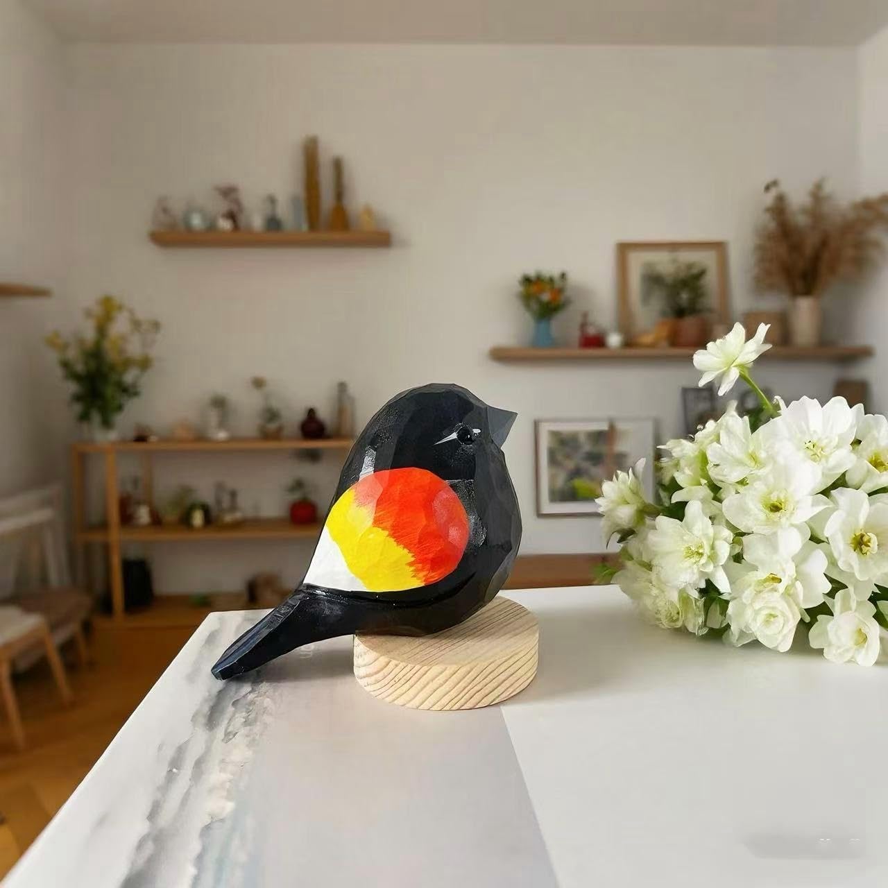 Hand Carved Red-Winged Blackbird Figurines, Hand-Painted Sculpted Wooden Birds with Base, Wood Bird Statues for Home Decor, Ideal Gifts for Bird Lovers