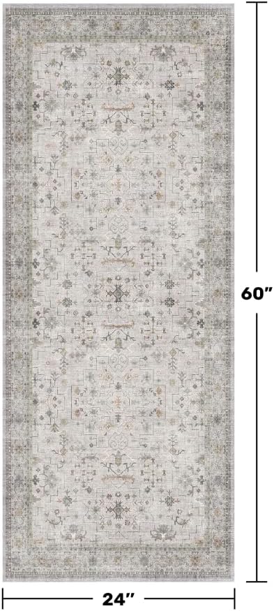 Light Grey 2x5 Boho Bathroom Runner Rug - Modern Eclectic Floral Pastel Neutral Taupe, Washable Low Pile Non-Slip Runner Rugs for Laundry Room, Kitchen, Door Mat Indoor Entrance, Bedroom Beside Bed