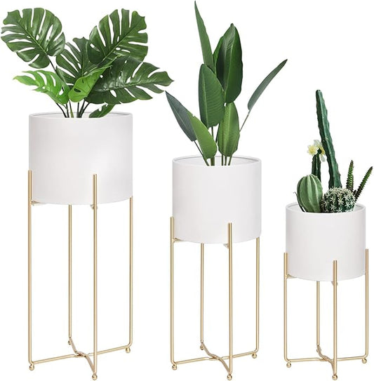 Floor Standing White Planters with Gold Stands for Indoor Plants, Large Metal Plant Pots Set of 3, Tall Planters for Mid Century Modern Living Room, Corner, Patio (Diameter 9/8/7 inches)